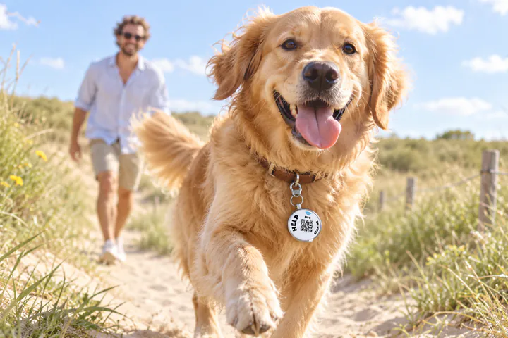 Vrolijke hond met een ICESCAN-dierenpenning aan de halsband