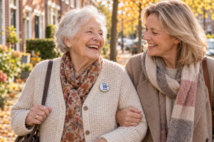 Oudere vrouw met dementie wandelt met haar dochter door een woonwijk, met een goudkleurige ICESCAN-broche op haar vest.