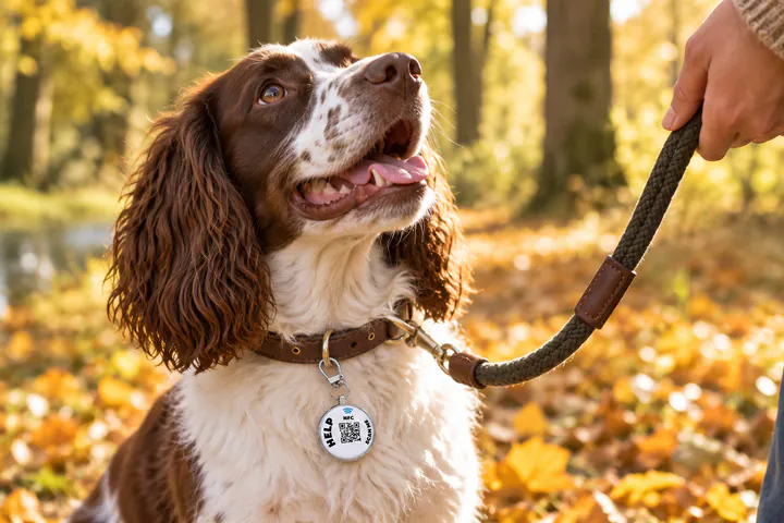 Een spaniël met de ICESCAN-dierenpenning aan de halsband kijkt op naar zijn baasje in een herfstbos