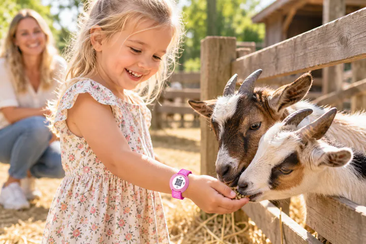 Meisje voert geitjes op een kinderboerderij, met een roze ICESCAN-armband met telefoonnummer om haar pols.