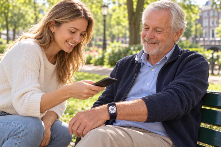 Iemand houdt een smartphone tegen de zwarte ICESCAN-armband van een persoon op een bankje om de NFC-tag te scannen.